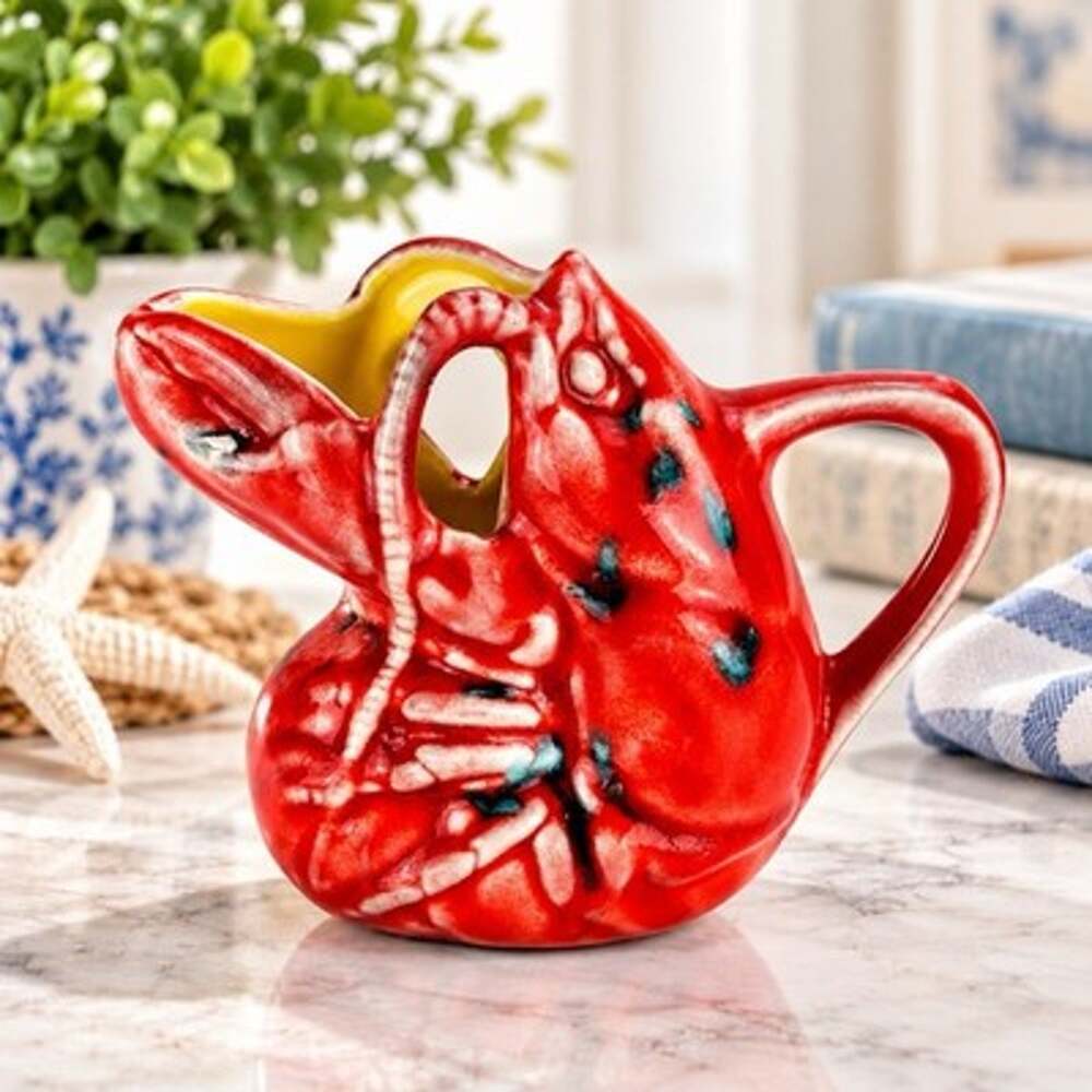 Vintage Red Lobster Ceramic Creamer Pitcher Yellow Interior Figural Pottery